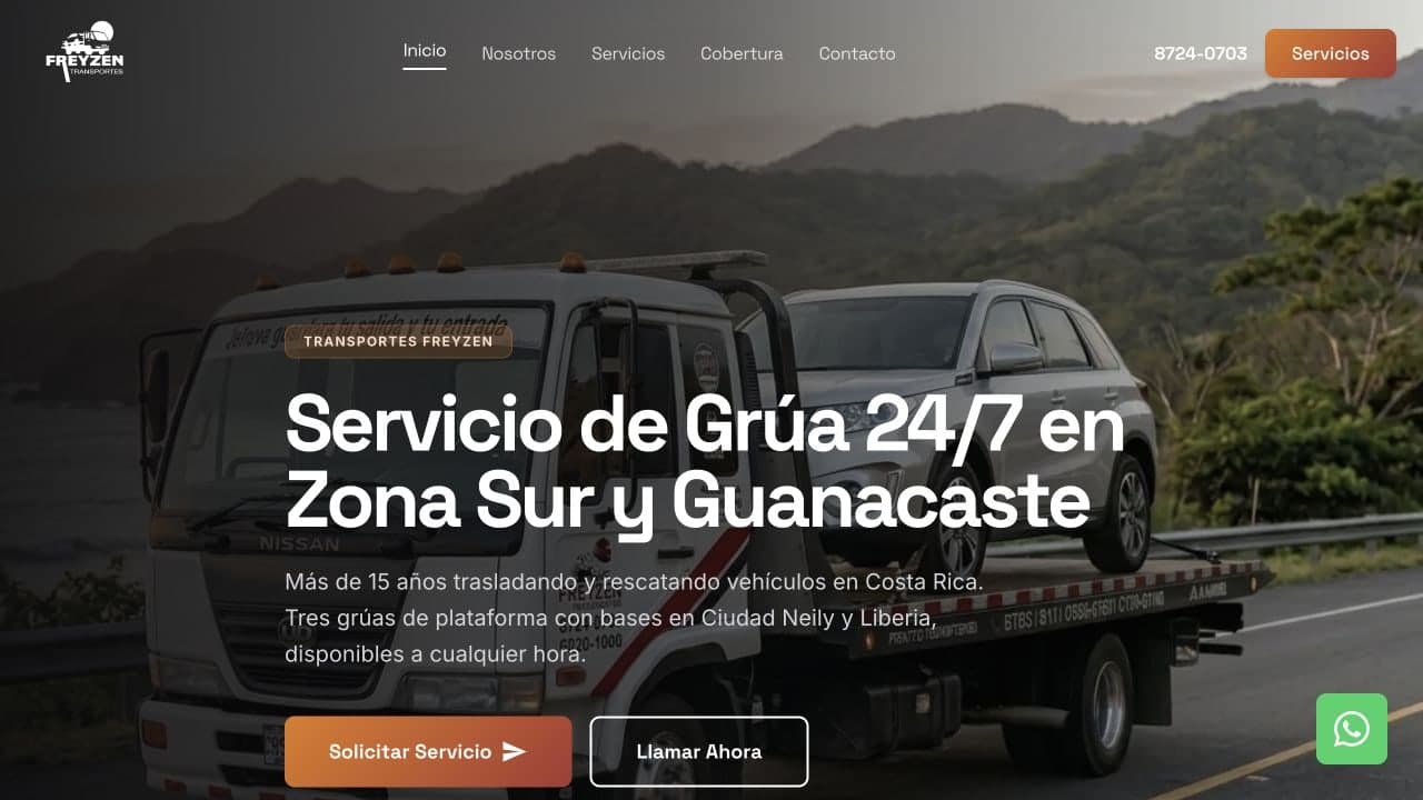 Logotipo, sitio web y posicionamiento para un servicio de grúas con bases en Ciudad Neily y Liberia.